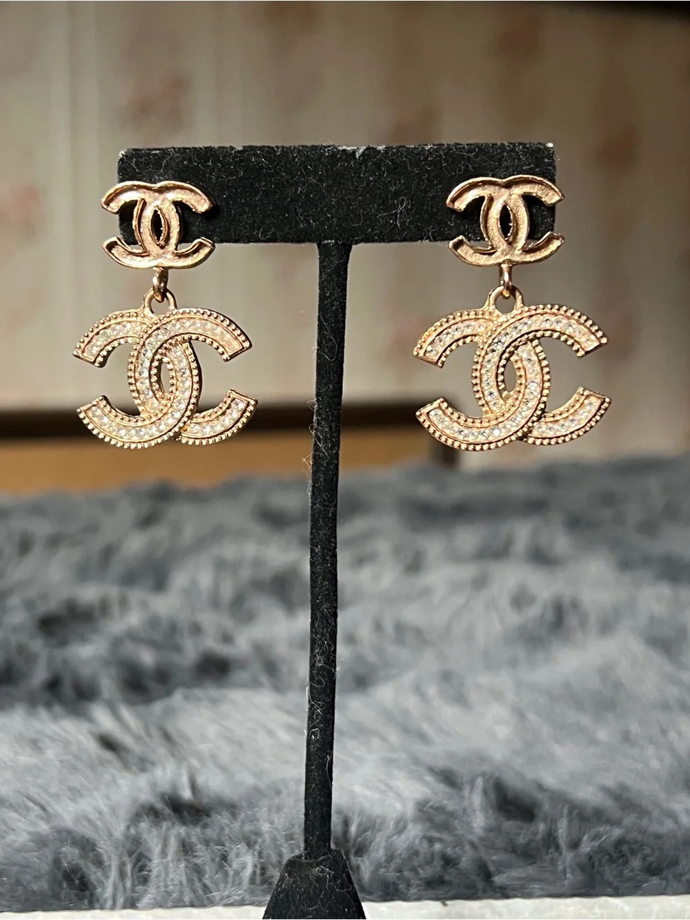 CHANEL Rose Gold Double CC Drop Earrings with Crystal Accents